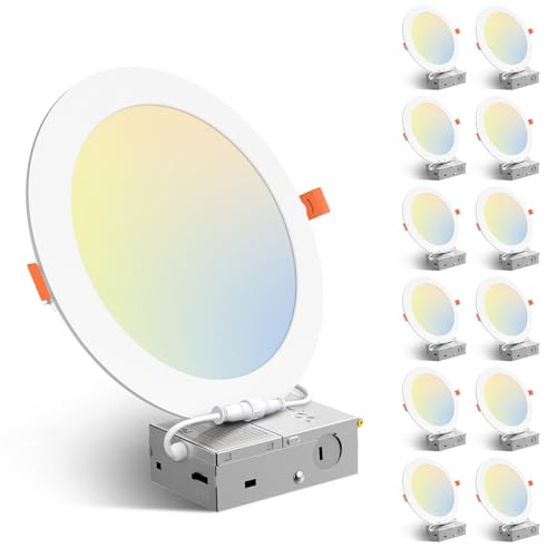 Amico 12 Pack 8 Inch LED Recessed Lighting, Canless Wafer Downlight, White | 5CCT 2700K-5000K, 5%-100% Dimmable, Ultra-thin, Metal housing, 1600LM 18W 120V, IC & Damp Rated, ETL & FCC, 50000h Life Span - color: White, size: 8 Inch