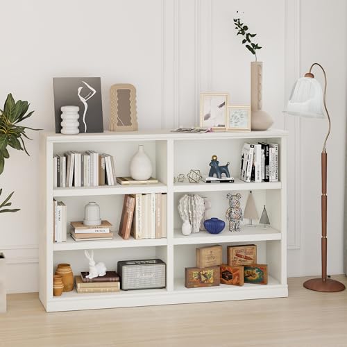 blini Low Horizontal Bookshelf White Bookcase Double Wide 64" 3-Tier Book Shelf 6 Cube Storage Organizer Wooden Bookcases for Bedroom and Home Office Decor Display - color: White, size: 3-shelf
