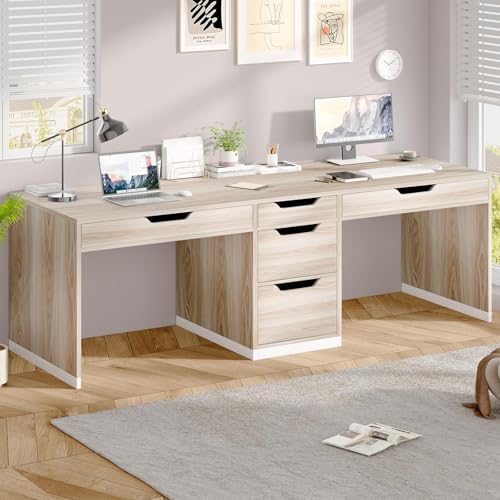 MaverickFurni Two Person Desk with 5 Drawers, Double Desk with Storage for 2 People, 78 Inch Extra Long Computer Desk Workstation with File Drawer for Home Office, White and Walnut - color: White and Walnut