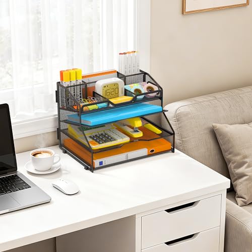 4 Tier Metal Desk Organizer with Magazine File Holder, Black