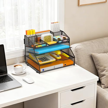 4 Tier Metal Desk Organizer with Magazine File Holder, Black