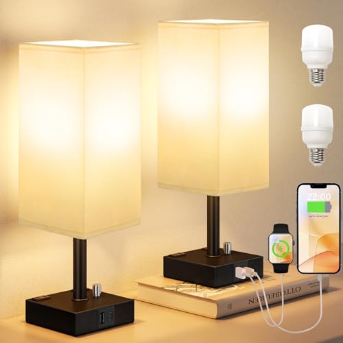 White Bedside Table Lamps Set of 2 - Dimmable, USB C+A, 2 AC Outlets | Stepless Dimmable by Rotary Knob, 3000K LED Bulbs Included, Square White Linen Shade, Nightstand Lamp for Living Room, Desk - color: White