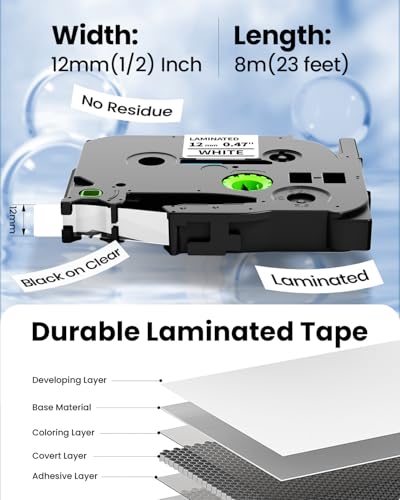 PT-D220 D210 D200 H100 Label Tape TZe-231 TZe231 Compatible with Brother | Label Maker Tape P Touch 12mm 0.47 Inch Laminated White TZe TZ Tape Ptouch Refills, 1/2 Inch(12 mm) * 8m, 6-Pack - color: Black on White, size: 1/2 Inch(12mm)