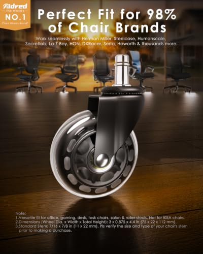 RidRed Office Chair Wheels - Replacement Rubber Wheels - Universal Fit 3 Inch Casters, Heavy-Duty Chair Casters, Noise Free, Fits 98% Chair, for All Floor (5) - color: Transparent