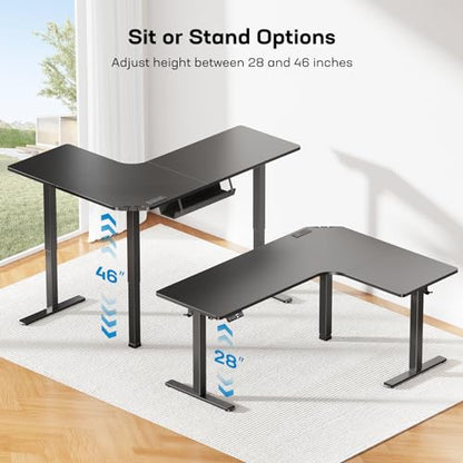 HUANUO 63″ L-Shaped Standing Desk, Built-in Power Outlets, Black