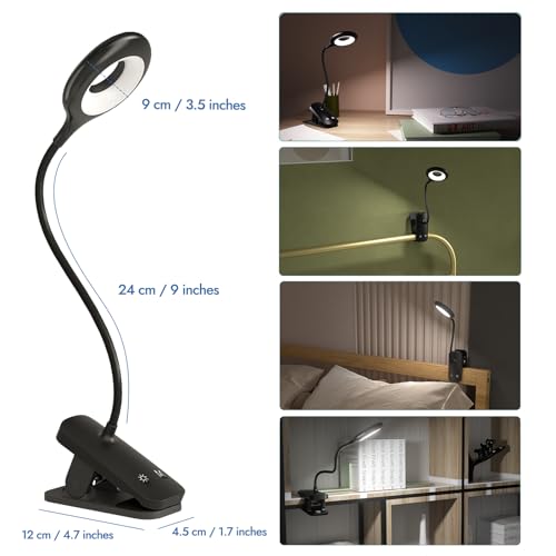 CUHIOY 2Pack Rechargeable Clip on Reading Light for Bed Headboard, Black | 5 Colors 5 Brightness Bed Light, Battery Flexible Neck Desk Lamp with Strong Clamp, Flicker-Free Night Light, Kids Bunk Bed - style: 2Pack Black