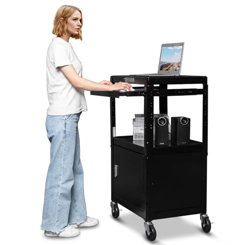 Bonnlo 3-Tiers Rolling AV Presentation Cart with Storage, Mobile Computer Utility Media with Keyboard Tray, Projector Cart on Wheels with Locking Cabinet for School, University and Office Use - style: Cart w/ Storage