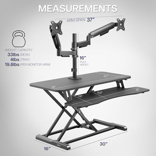 VIVO Black 36 inch Desk Riser with Monitor Mount, DESK-KIT-036K2K | Standing Desk Converter with Dual Monitor Mount for up to 32 inch Screens, Height Adjustable Riser, Mechanical Spring Arms - size: 36"