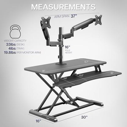 VIVO Black 36 inch Desk Riser with Monitor Mount, DESK-KIT-036K2K | Standing Desk Converter with Dual Monitor Mount for up to 32 inch Screens, Height Adjustable Riser, Mechanical Spring Arms - size: 36"
