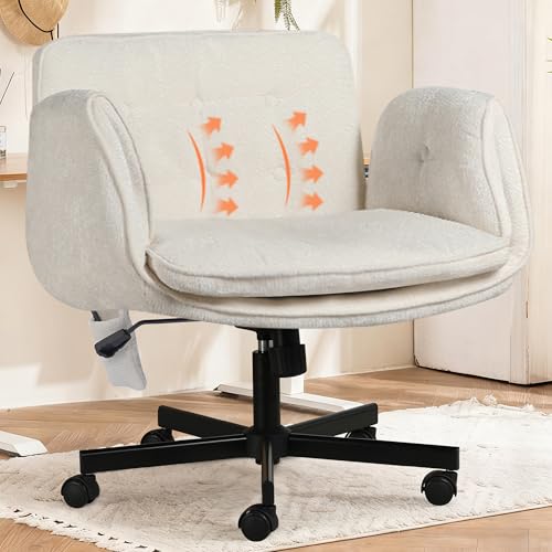 Criss Cross Chair with Lumbar Airbag & Folding Arms Relieve Back Pain, Wide Cross Legged Office Chair for Home Office, Comfy Swivel Desk Chair with Wheels, 5 Level Adjustable Armrest, Chenille(White) - color: White, style: With Airbag Lumbar Support