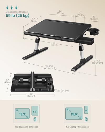 SONGMICS Bed Laptop Desk, Foldable Bed Desk for Laptop, 15.7 x 22 Inches Large Desktop, 120° Stepless Tilt, Adjustable Height, Cup Holder, Tray, Portable Bed Sofa Table, Ink Black ULLD113BC01 - color: Ink Black