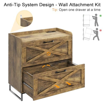 Halitaa File Cabinet 2 Drawers Lateral File Cabinet with Charging Station for Letter/Legal/A4 Size Hanging Files, Large Wood File Storage Cabinets Printer Stand for Home Office, Brown | Filing Cabinet for Letter/Legal/A4 Size Hanging Files, Large Wood Fil
