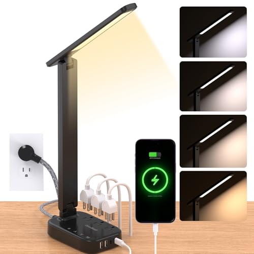 LED Desk Lamp Power Strip with 4 USB 3 Outlets, Dorm Room Essentials, Black - color: Black, size: 5 Ft