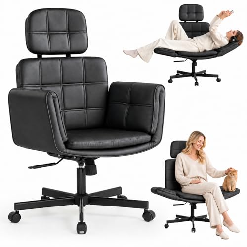 Criss Cross Chair with Wheels & Adjustable Armrests, High Back Faux Leather Desk Chair for Home Office, Comfy Cross Legged Wide Computer Task Chair, Black - color: Black