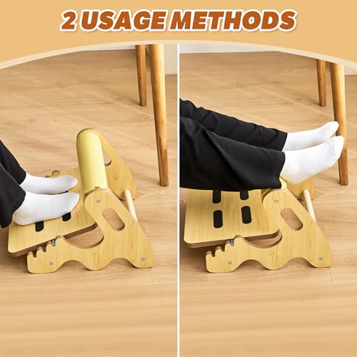 Foot Rest for Under Desk at Work- Adjustable Rocking Foot Stool with 3 Height Positions and Soft Crossbar, Ergonomic Wooden Footrest with Anti-Slip Surface for Home, Office - color: Yellow Maple
