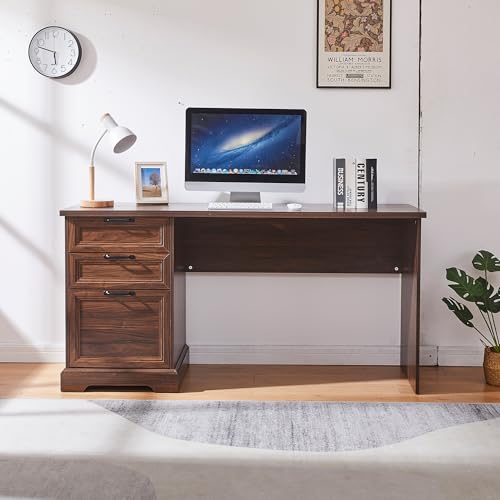 60" Professional Office Desk with Charging Station,Business Desk with 2 Drawers &1 File Cabinet,Farmhouse Executive Desk for Office and Home (Dark Walnut) - color: Dark Walnut