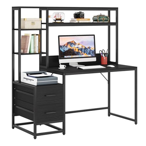 Tribesigns 55 Inch Computer Desk with 2 Drawers and Storage Shelves, Rustic Office Desk with Hutch, Study Writing Gaming Table Laptop Workstation for Home Office (Black) - color: Black