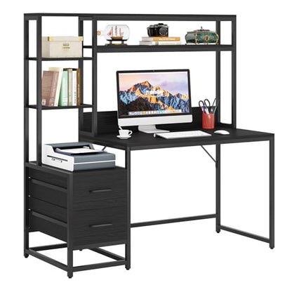 Tribesigns 55 Inch Computer Desk with 2 Drawers and Storage Shelves, Rustic Office Desk with Hutch, Study Writing Gaming Table Laptop Workstation for Home Office (Black) - color: Black
