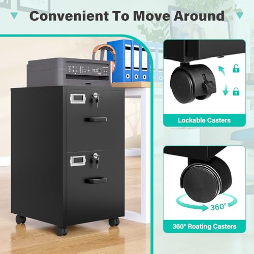 2 Drawer File Cabinet on Wheels,Metal Filing Cabinet with Lock,Black Rolling File Cabinets with Casters,Under Desk Office Cabinets for Home Office,Fit A4/Letter/Legal,Easy Assembly - color: Black, style: 2 Drawer with Wheels