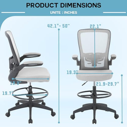PayLessHere Ergonomic Drafting Chair Tall Office Chair High Adjustable Standing Desk Chair with Lumbar Support Mesh Back Footrest Flip-Up Arms for Office Computer Desk Standing Desk, Grey - color: Grey