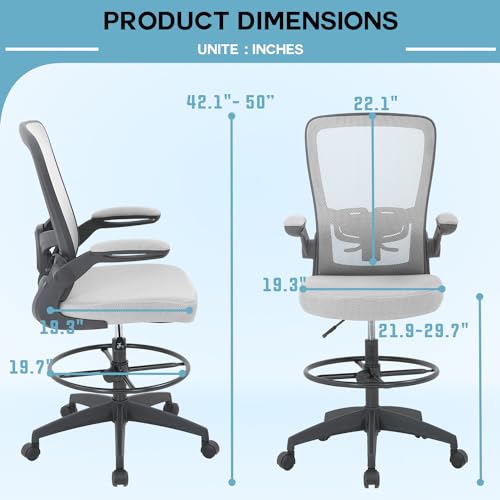 PayLessHere Ergonomic Drafting Chair Tall Office Chair High Adjustable Standing Desk Chair with Lumbar Support Mesh Back Footrest Flip-Up Arms for Office Computer Desk Standing Desk, Grey - color: Grey