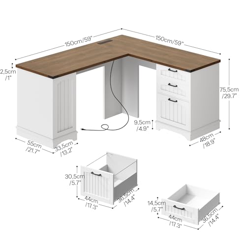HOOBRO Farmhouse L Shaped Computer Desk, Computer Desk with Power Outlets, 59" Corner Office Desk with Filing Cabinet & Adjustable Shelves, for Home Office, Study, White and Walnut WH150UDN01