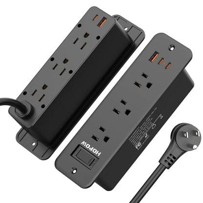 Recessed Power Strip, 6 Outlets 5 USB (3 USB-C, 15W/3A Max), 5FT Flat Plug | Flush mount power strip, desktop charging station for desk, nightstand, side table, 1875W/15A, 900J surge protection, Black
