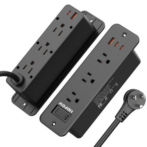 Recessed Power Strip, 6 Outlets 5 USB (3 USB-C, 15W/3A Max), 5FT Flat Plug | Flush mount power strip, desktop charging station for desk, nightstand, side table, 1875W/15A, 900J surge protection, Black