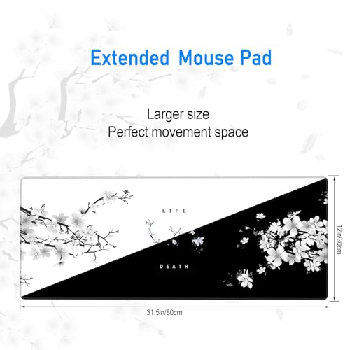 Black and White Gaming Mouse Pad,Large Life Death Desk Mat,31.5x12in | Extended Japanese Anime Cherry Blossom Mousepad with Stitched Edges,Washable Minimalist Keyboard Mat for Men,80x30 cm - color: White and Black