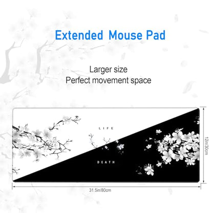 Black and White Gaming Mouse Pad,Large Life Death Desk Mat,31.5x12in | Extended Japanese Anime Cherry Blossom Mousepad with Stitched Edges,Washable Minimalist Keyboard Mat for Men,80x30 cm - color: White and Black