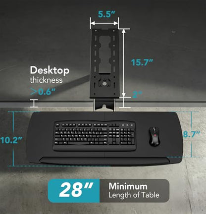 Keyboard Tray Under Desk with Storage Drawer, Height Adjustable Keyboard Tray Slide Out 360° Swivel Tilt, Ergonomic Under Desk Mount Keyboard & Mouse Holder for Gaming Home Office - size: 28” Length