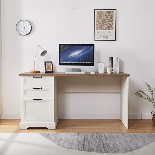 60" Professional Office Desk with Charging Station,Business Desk with 2 Drawers &1 File Cabinet,Farmhouse Executive Desk for Office and Home (Off-White) - color: Off-white