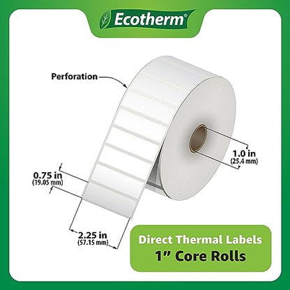 2.25" x .75" Thermal Labels | 6 Rolls | 19890 Labels | fits Zebra, Munbyn, Rollo, Godex, Arkscan, iDPRT, Offnova Thermal Label Printers and More | Blank White Adhesive Stickers by Ecotherm - size: 2.25 x .75 - 19890 Labels