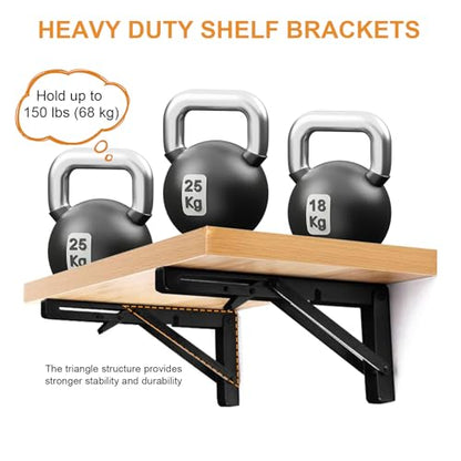Storystore Folding Shelf Brackets - 8 Inch Heavy Duty Metal Collapsible Shelf Bracket for Bench Table, Shelf Hinge Wall Mounted Space Saving DIY Bracket, Max Load: 150 lb (2 PCS, Black) - size: 8 Inch