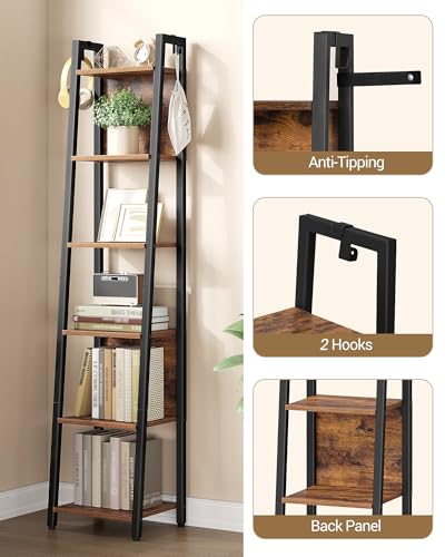 Hzuaneri Ladder Shelf, 6 Tier Narrow Bookshelf with 2 Back Panels | Corner Storage shelf with 2 Hooks, for Home Office, Living room and Bedroom, 12.2"D x 12.2"W x 63"H, Rustic Brown BC31601B - size: 12.2"D x 12.2"W x 63"H