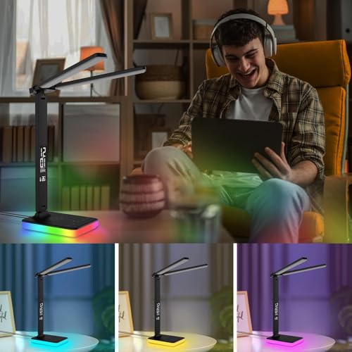 LED Desk Lamp with Charger, USB Charging Port, Dual Swing Arm Desk Light with 5 Brightness, 3 Colors, Table Lamp with Clock, Alarm, Date, Temperature, Desk Lamp for Home Office Study (Black) - color: Dual-Head Black