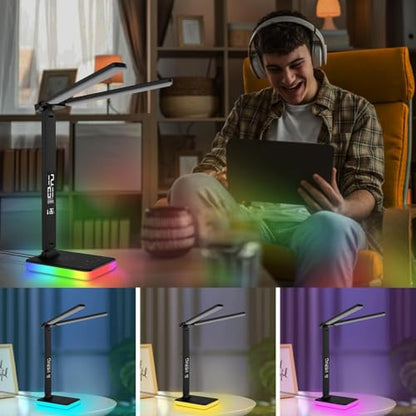 LED Desk Lamp with Charger, USB Charging Port, Dual Swing Arm Desk Light with 5 Brightness, 3 Colors, Table Lamp with Clock, Alarm, Date, Temperature, Desk Lamp for Home Office Study (Black) - color: Dual-Head Black