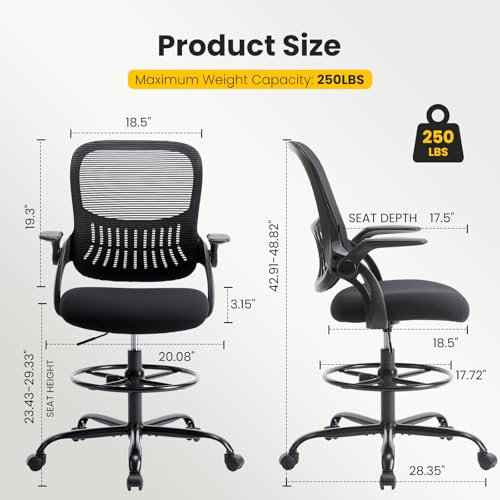Sweetcrispy Tall Drafting Chair, High Office Desk Chair with Footrest | Comfy Lumbar Support, Counter Height Adjustable, Flip-up Arm, 360° Computer Rolling Stool, Black - color: Dark Black, size: 48.4 inches (H) x 24 inches (W) x 25.2 inches (D)