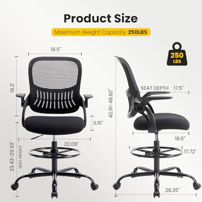 Sweetcrispy Tall Drafting Chair, High Office Desk Chair with Footrest | Comfy Lumbar Support, Counter Height Adjustable, Flip-up Arm, 360° Computer Rolling Stool, Black - color: Dark Black, size: 48.4 inches (H) x 24 inches (W) x 25.2 inches (D)