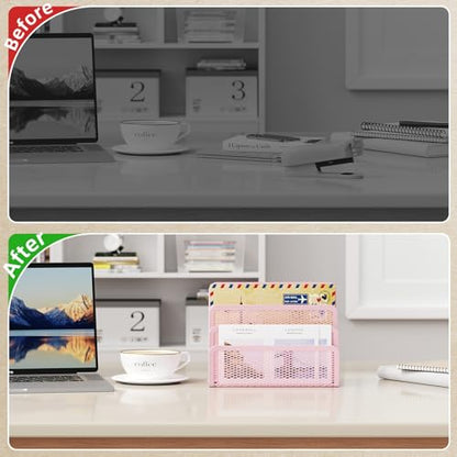 Marbrasse Mail Organizer for Desk, 3-Slot Mesh Metal Mail Holder countertop, Letter Holder, Office Desktop Envelope and Document Storage Rack (Pink) - color: Pink