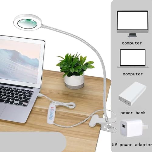 Rosvola 10X Magnifying Glass, Clip on Desk Lamp, Magnifier Lamp with Clamp, 3 Color Modes Adjustable, Flexible Gooseneck LED Desk Lamp Hands for Craft Reading Painting