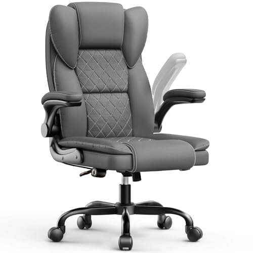 Ergonomic Executive PU Leather Office Chair with Lumbar Support, Home Office Desk Chair for Back Pain Relief, 135° Recline - color: Grey
