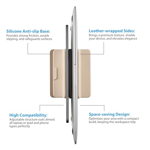 Dual Vertical Laptop Stand, 3 in 1 Upright Desktop Stand Holder with Adjustable Dock (Up to 17.3''), Leather Laptop Rack Storage Desk Organizer for Phone, Tablet, MacBook/HP/Dell/Chrome Book (Apricot) - color: Apricot