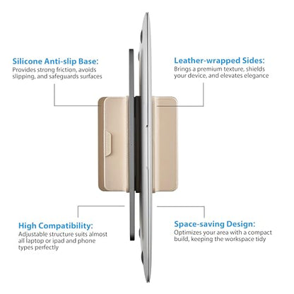 Dual Vertical Laptop Stand, 3 in 1 Upright Desktop Stand Holder with Adjustable Dock (Up to 17.3''), Leather Laptop Rack Storage Desk Organizer for Phone, Tablet, MacBook/HP/Dell/Chrome Book (Apricot) - color: Apricot