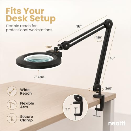 Neatfi Pro Series Bifocal LED Magnifying Lamp – True Color Accuracy (CRI 95) | 7-Inch Acrylic Lens | 2.25x/6x Magnification | 168 LEDs | CCT | Professional Magnifier Lamp (Black, CCT with Clamp) - color: Black, size: CCT with Clamp