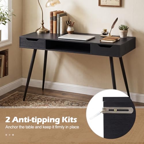 Tangkula Mid Century Modern Computer Desk | Writing Desk with 2 Drawers & Open Center Storage, Small Wooden Study Table for Home Office & Compact Spaces (Black) - color: Black