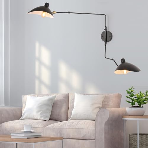 Modern 2-Light Swing Arm Plug In Wall Lamp, Adjustable Industrial Wall Sconces For Bedroom, Retro Cordless Beetle-Shade Wall Light Fixtures For Living Room, Wall Mounted Reading Lamp, Black