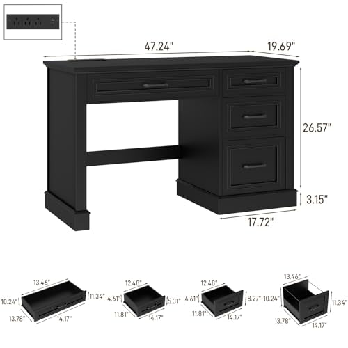 Vabches Farmhouse 47" Executive Desk with Charging Station, Pure Black. | Computer Desk with Drawers, Workstation Computer Desk with File Drawer for Home Office,Study. - color: Pure Black