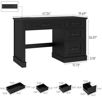 Vabches Farmhouse 47" Executive Desk with Charging Station, Pure Black. | Computer Desk with Drawers, Workstation Computer Desk with File Drawer for Home Office,Study. - color: Pure Black