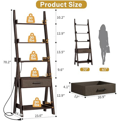 Ladder Shelf, 5 Tier Bookshelf with Fabric Drawer, Power Outlets, Espresso | 70" Industrial Leaning Bookshelf with USB Fast Charging, Wooden Book Shelf for Bedroom Living Room Home Office, Space Saving